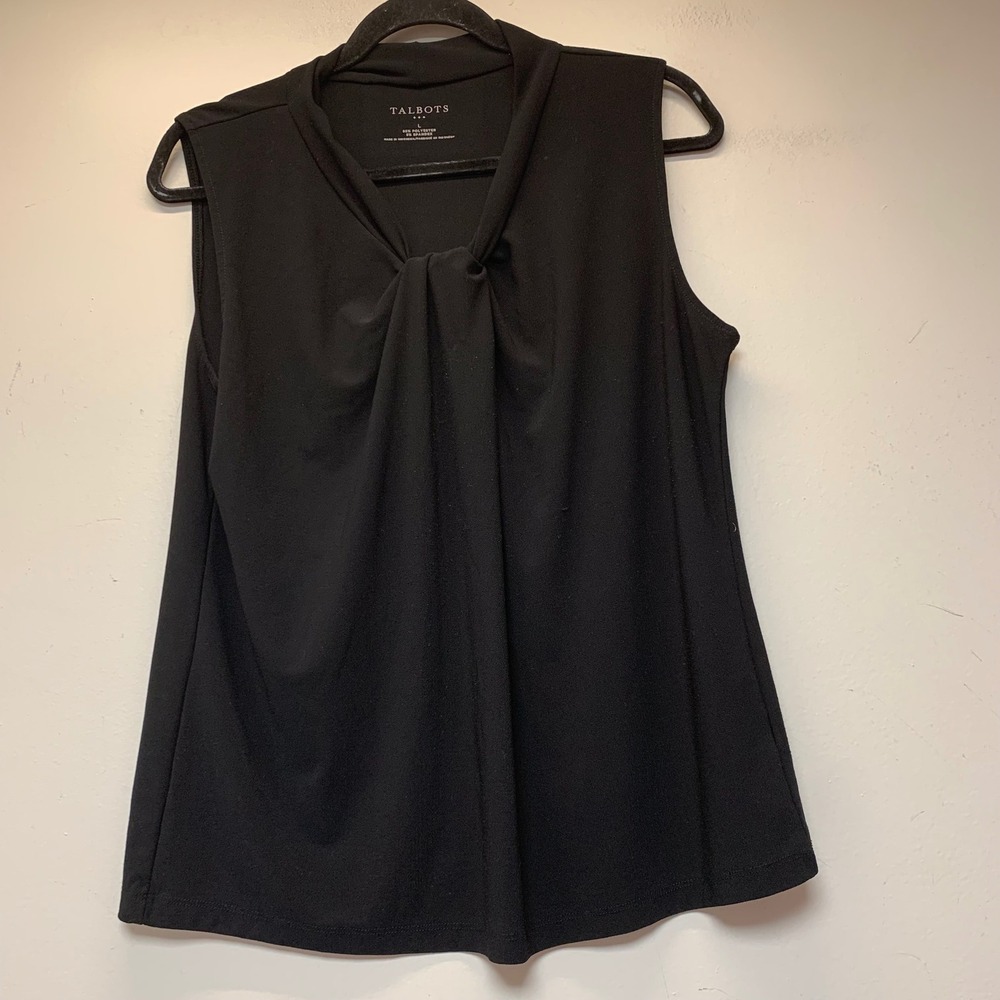 Talbots‎ Sleeveless Blouse Women Large Black Excellent Knot Front Mock Neck Top